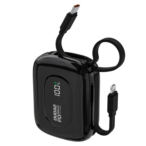 
K32 10000 mAh išorinė baterija su integruotu USB-C „iPhone Lightning“ laidu, 22,5 W – juoda
