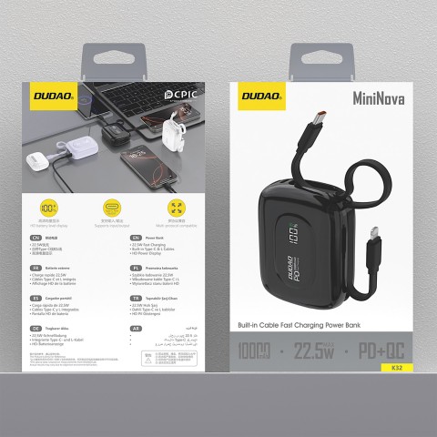 
K32 10000 mAh išorinė baterija su integruotu USB-C „iPhone Lightning“ laidu, 22,5 W – juoda
