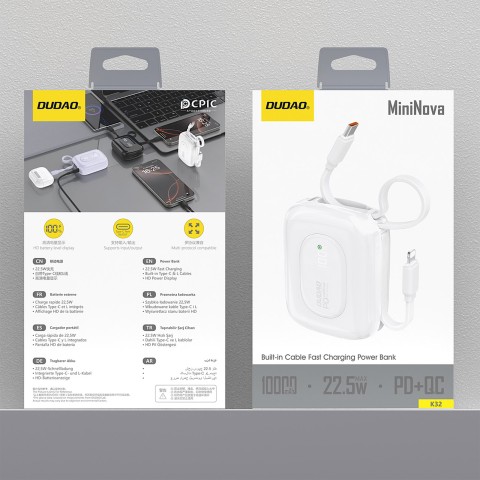 
K32 10000 mAh išorinė baterija su integruotu USB-C „iPhone Lightning“ laidu, 22,5 W – balta
