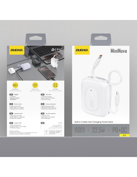 
K32 10000 mAh išorinė baterija su integruotu USB-C „iPhone Lightning“ laidu, 22,5 W – balta
