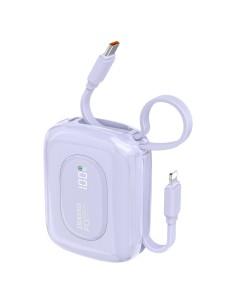 
K32 10000 mAh išorinė baterija su integruotu USB-C „iPhone Lightning“ laidu, 22,5 W – violetinė
