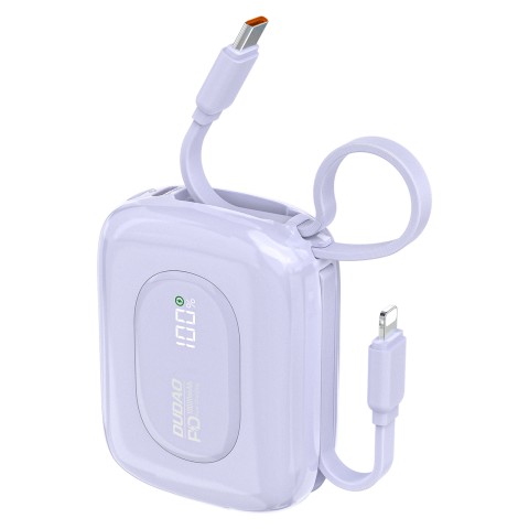 
K32 10000 mAh išorinė baterija su integruotu USB-C „iPhone Lightning“ laidu, 22,5 W – violetinė
