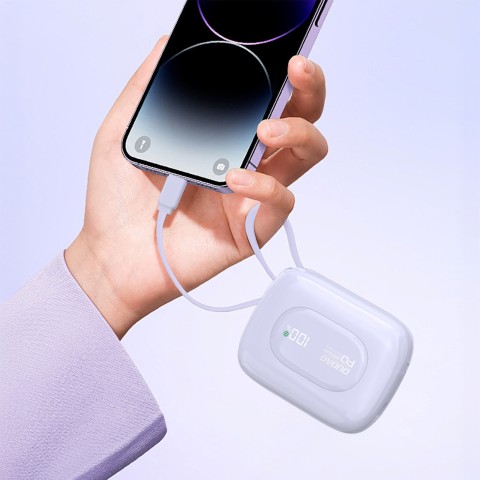 
K32 10000 mAh išorinė baterija su integruotu USB-C „iPhone Lightning“ laidu, 22,5 W – violetinė
