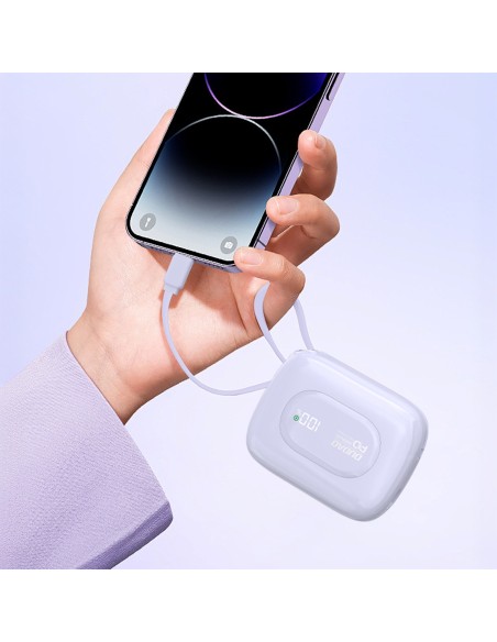 
K32 10000 mAh išorinė baterija su integruotu USB-C „iPhone Lightning“ laidu, 22,5 W – violetinė
