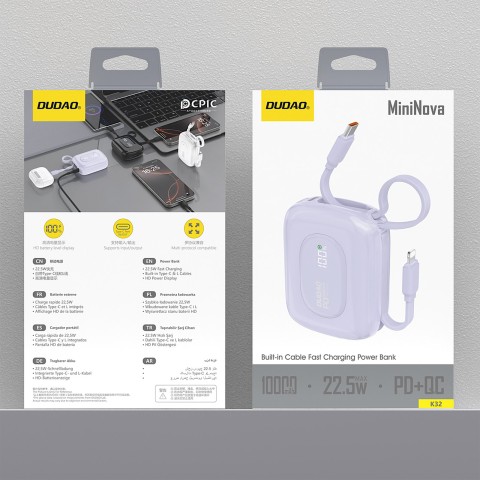 
K32 10000 mAh išorinė baterija su integruotu USB-C „iPhone Lightning“ laidu, 22,5 W – violetinė
