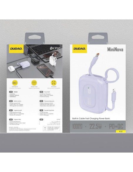 
K32 10000 mAh išorinė baterija su integruotu USB-C „iPhone Lightning“ laidu, 22,5 W – violetinė
