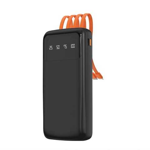 
K6Pro 10000mAh išorinė baterija su integruotu USB-C MicroUSB iPhone Lightning laidu - juoda
