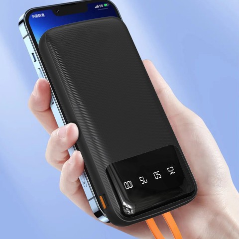 
K6Pro 10000mAh išorinė baterija su integruotu USB-C MicroUSB iPhone Lightning laidu - juoda
