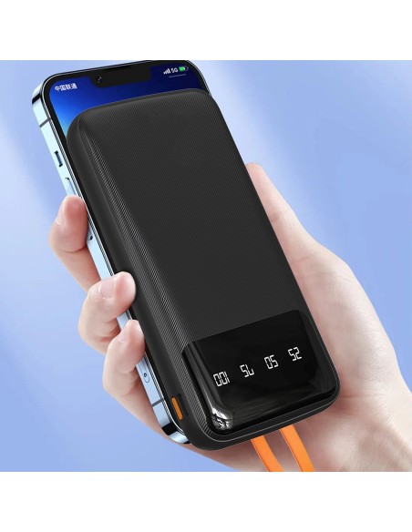 
K6Pro 10000mAh išorinė baterija su integruotu USB-C MicroUSB iPhone Lightning laidu - juoda
