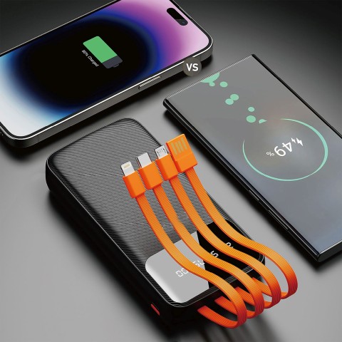 
K6Pro 10000mAh išorinė baterija su integruotu USB-C MicroUSB iPhone Lightning laidu - juoda
