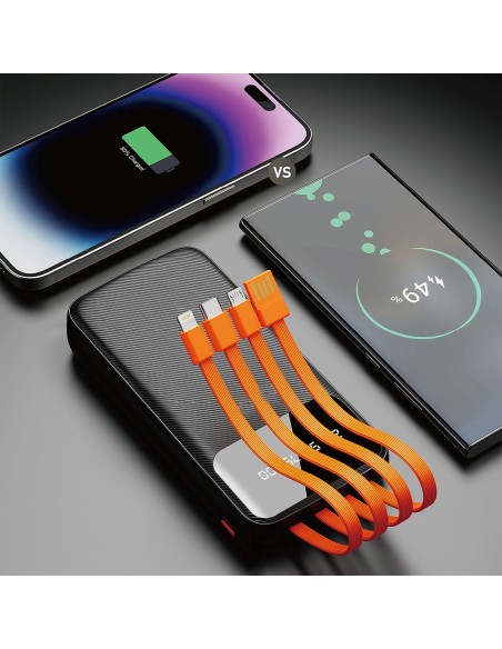 
K6Pro 10000mAh išorinė baterija su integruotu USB-C MicroUSB iPhone Lightning laidu - juoda

