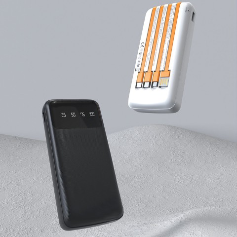 
K6Pro 10000mAh išorinė baterija su integruotu USB-C MicroUSB iPhone Lightning laidu - juoda
