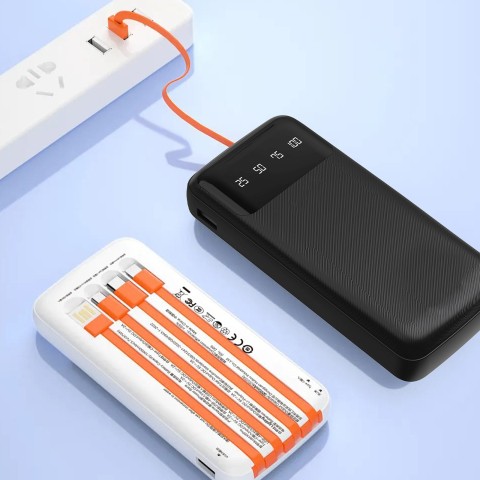 
K6Pro 10000mAh išorinė baterija su integruotu USB-C MicroUSB iPhone Lightning laidu - juoda
