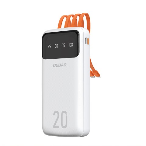 
K6Pro+ 20000mAh išorinė baterija su integruotu USB-C MicroUSB iPhone Lightning laidu – balta
