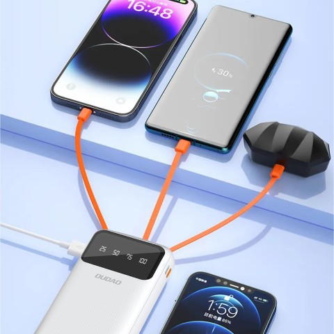 
K6Pro+ 20000mAh išorinė baterija su integruotu USB-C MicroUSB iPhone Lightning laidu – balta
