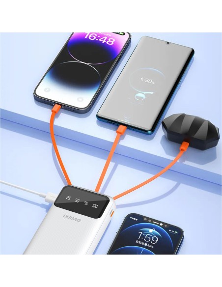 
K6Pro+ 20000mAh išorinė baterija su integruotu USB-C MicroUSB iPhone Lightning laidu – balta
