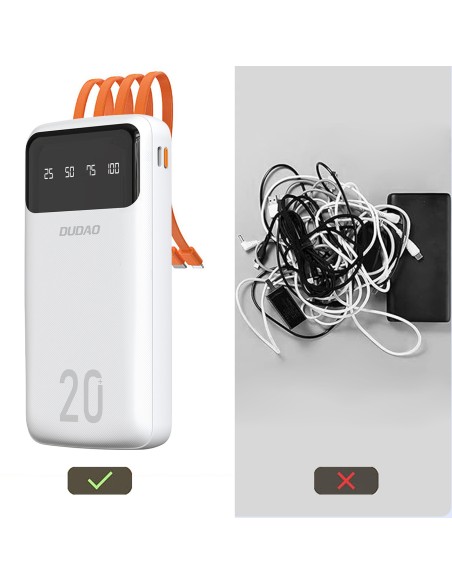 
K6Pro+ 20000mAh išorinė baterija su integruotu USB-C MicroUSB iPhone Lightning laidu – balta
