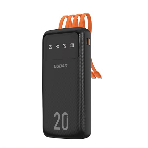 
K6Pro+ 20000mAh išorinė baterija su integruotu USB-C MicroUSB iPhone Lightning laidu - juoda
