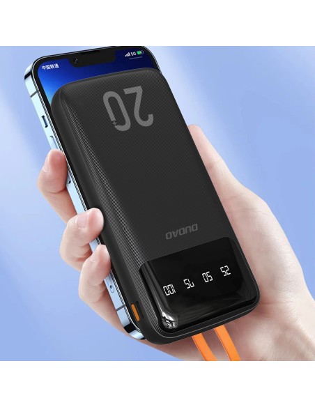 
K6Pro+ 20000mAh išorinė baterija su integruotu USB-C MicroUSB iPhone Lightning laidu - juoda
