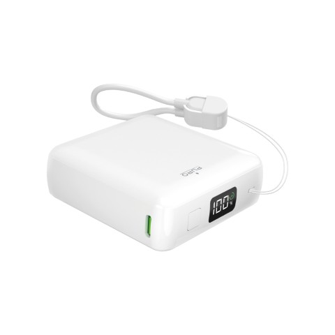 
10000mAh USB-A/ C nešiojama baterija su integruotu ekranu ir 20 W USB-C laidu – balta
