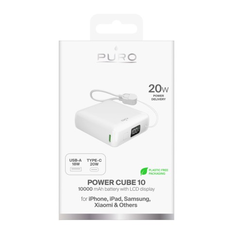 
10000mAh USB-A/ C nešiojama baterija su integruotu ekranu ir 20 W USB-C laidu – balta
