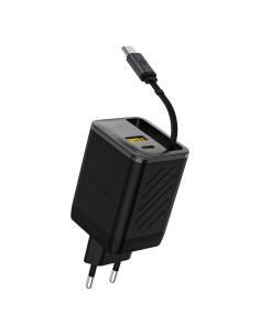 
USB-A USB-C GaN 67W sieninis įkroviklis su ištraukiamu USB-C PD QC laidu – juodas
