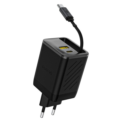 
USB-A USB-C GaN 67W sieninis įkroviklis su ištraukiamu USB-C PD QC laidu – juodas
