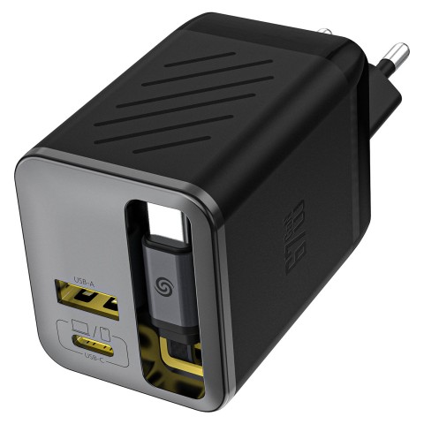 
USB-A USB-C GaN 67W sieninis įkroviklis su ištraukiamu USB-C PD QC laidu – juodas
