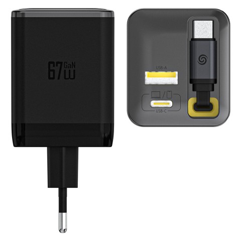 
USB-A USB-C GaN 67W sieninis įkroviklis su ištraukiamu USB-C PD QC laidu – juodas
