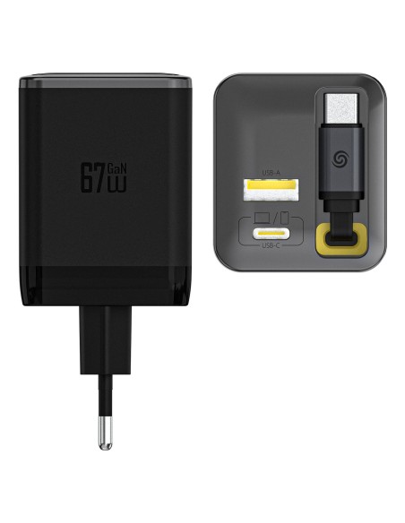 
USB-A USB-C GaN 67W sieninis įkroviklis su ištraukiamu USB-C PD QC laidu – juodas
