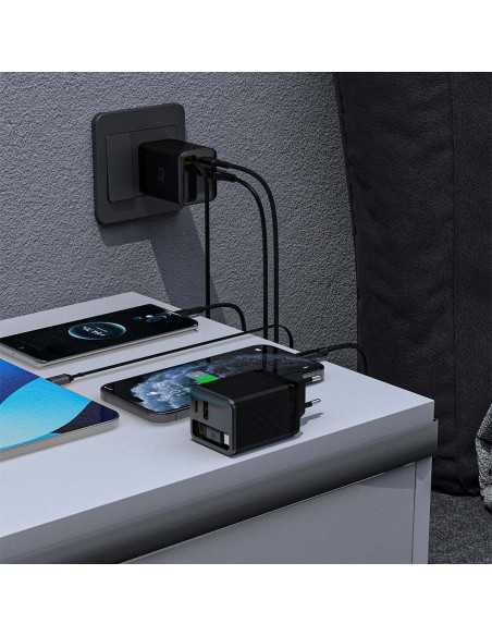 
USB-A USB-C GaN 67W sieninis įkroviklis su ištraukiamu USB-C PD QC laidu – juodas
