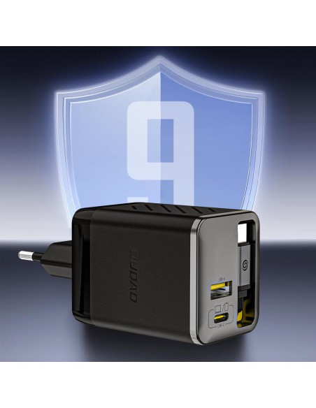 
USB-A USB-C GaN 67W sieninis įkroviklis su ištraukiamu USB-C PD QC laidu – juodas
