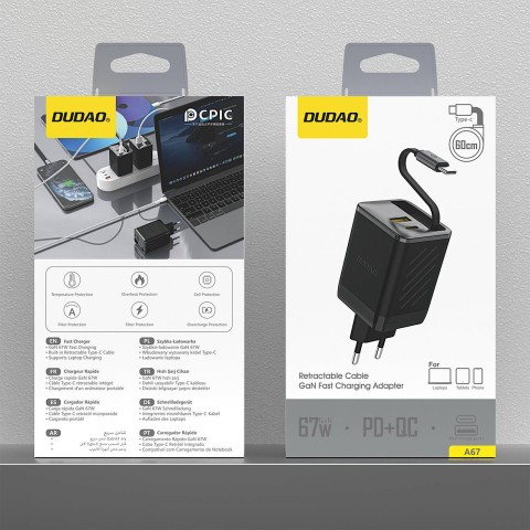
USB-A USB-C GaN 67W sieninis įkroviklis su ištraukiamu USB-C PD QC laidu – juodas
