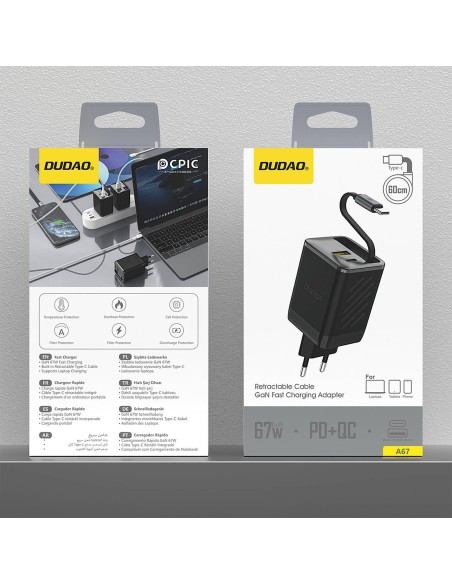 
USB-A USB-C GaN 67W sieninis įkroviklis su ištraukiamu USB-C PD QC laidu – juodas
