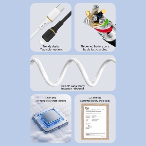 
Silikoninis kabelis USB-A - USB-C 5A 1m - baltas
