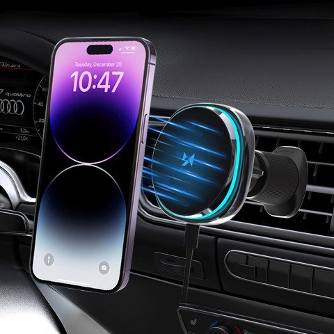 
Automobilinis laikiklis su indukciniu įkrovikliu ir telefono ventiliatoriumi oro išleidimo angai „Qi MagSafe 15W“
