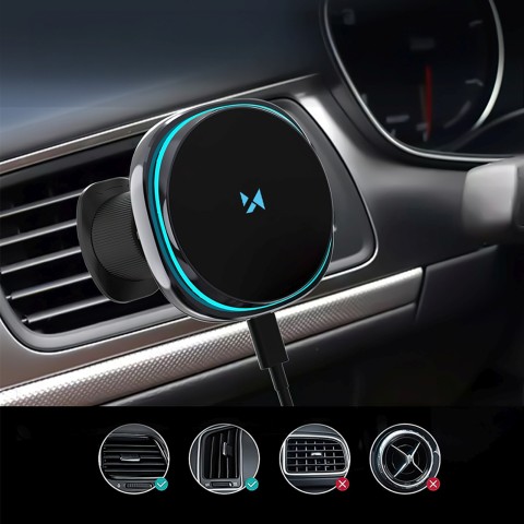 
Automobilinis laikiklis su indukciniu įkrovikliu ir telefono ventiliatoriumi oro išleidimo angai „Qi MagSafe 15W“
