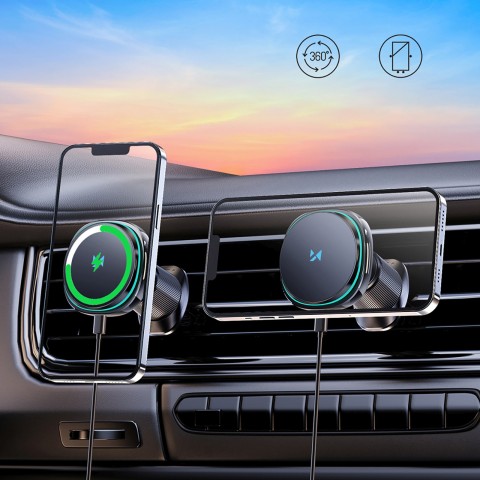 
Automobilinis laikiklis su indukciniu įkrovikliu ir telefono ventiliatoriumi oro išleidimo angai „Qi MagSafe 15W“
