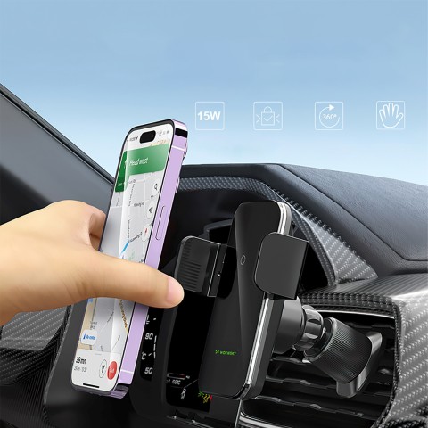 
Automobilinis laikiklis su indukciniu telefono įkrovikliu, skirtas grotelėms, 15 W - juodas
