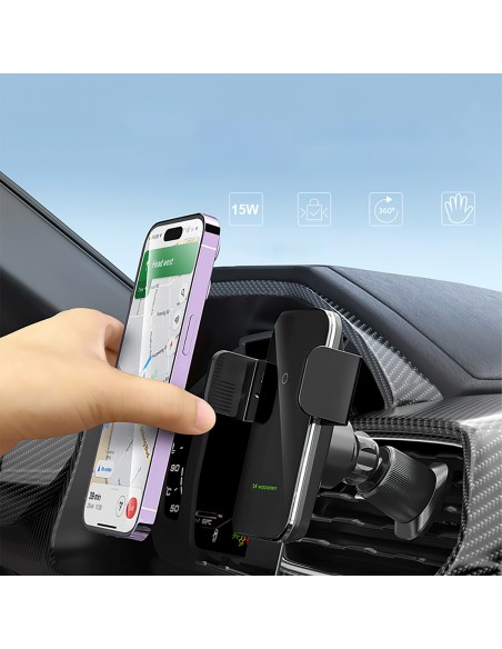 
Automobilinis laikiklis su indukciniu telefono įkrovikliu, skirtas grotelėms, 15 W - juodas

