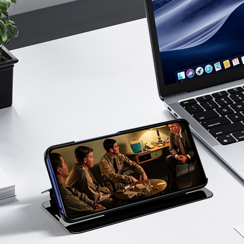 
„iPhone 16e“ skaidraus vaizdo dėklas su atverčiamu dangteliu – mėlynas
