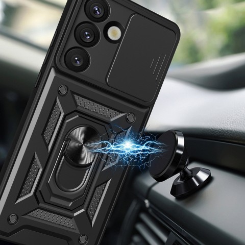 
Šarvuotas dėklas su stovu ir kameros dangteliu, skirtas „Samsung Galaxy S25 Edge Hybrid Armor Camshield“ - juodas
