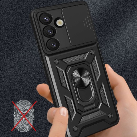 
Šarvuotas dėklas su stovu ir kameros dangteliu, skirtas „Samsung Galaxy S25 Edge Hybrid Armor Camshield“ - juodas
