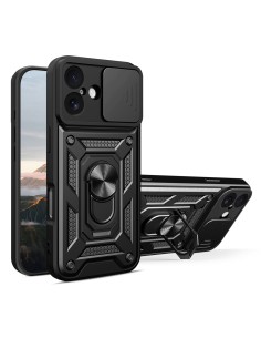 
„Hybrid Armor Camshield“ šarvinis dėklas su stovu ir kameros skydeliu, skirtas „iPhone 17“ – juodas
