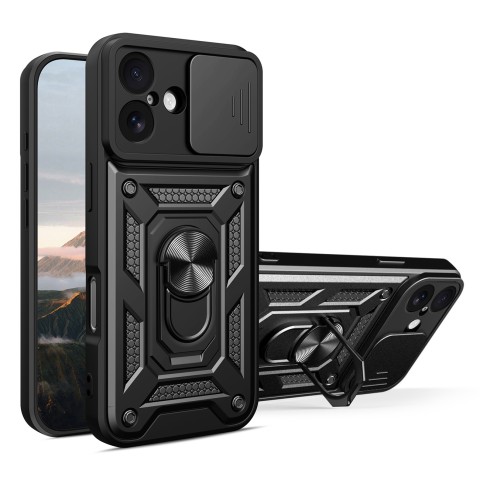 
„Hybrid Armor Camshield“ šarvinis dėklas su stovu ir kameros skydeliu, skirtas „iPhone 17“ – juodas
