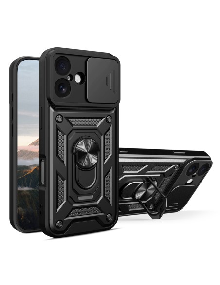 
„Hybrid Armor Camshield“ šarvinis dėklas su stovu ir kameros skydeliu, skirtas „iPhone 17“ – juodas
