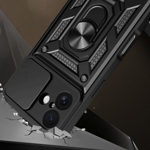 
„Hybrid Armor Camshield“ šarvinis dėklas su stovu ir kameros skydeliu, skirtas „iPhone 17“ – juodas
