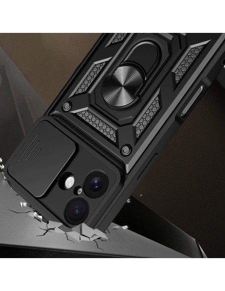 
„Hybrid Armor Camshield“ šarvinis dėklas su stovu ir kameros skydeliu, skirtas „iPhone 17“ – juodas
