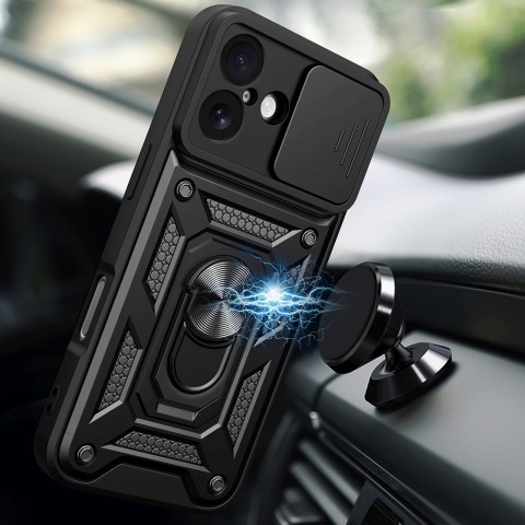 
„Hybrid Armor Camshield“ šarvinis dėklas su stovu ir kameros skydeliu, skirtas „iPhone 17“ – juodas
