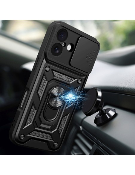 
„Hybrid Armor Camshield“ šarvinis dėklas su stovu ir kameros skydeliu, skirtas „iPhone 17“ – juodas
